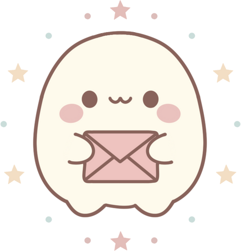 Mimo, the Mochi Mail Co mascot - a happy little mochi holding a pink envelope, surrounded by stars